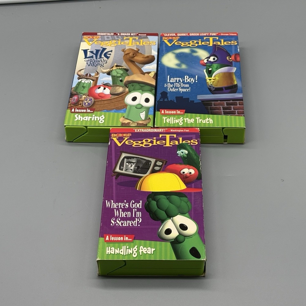 VeggieTales Lot Of 3 VHS Where's God When I'm Scared, Larry Boy & The Fib, Lyle